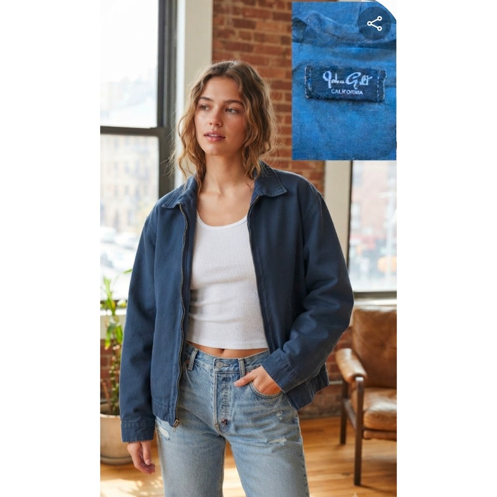 John Galt Brandy Melville Navy Blue Hooded Canvas Zip Up Jacket One Size